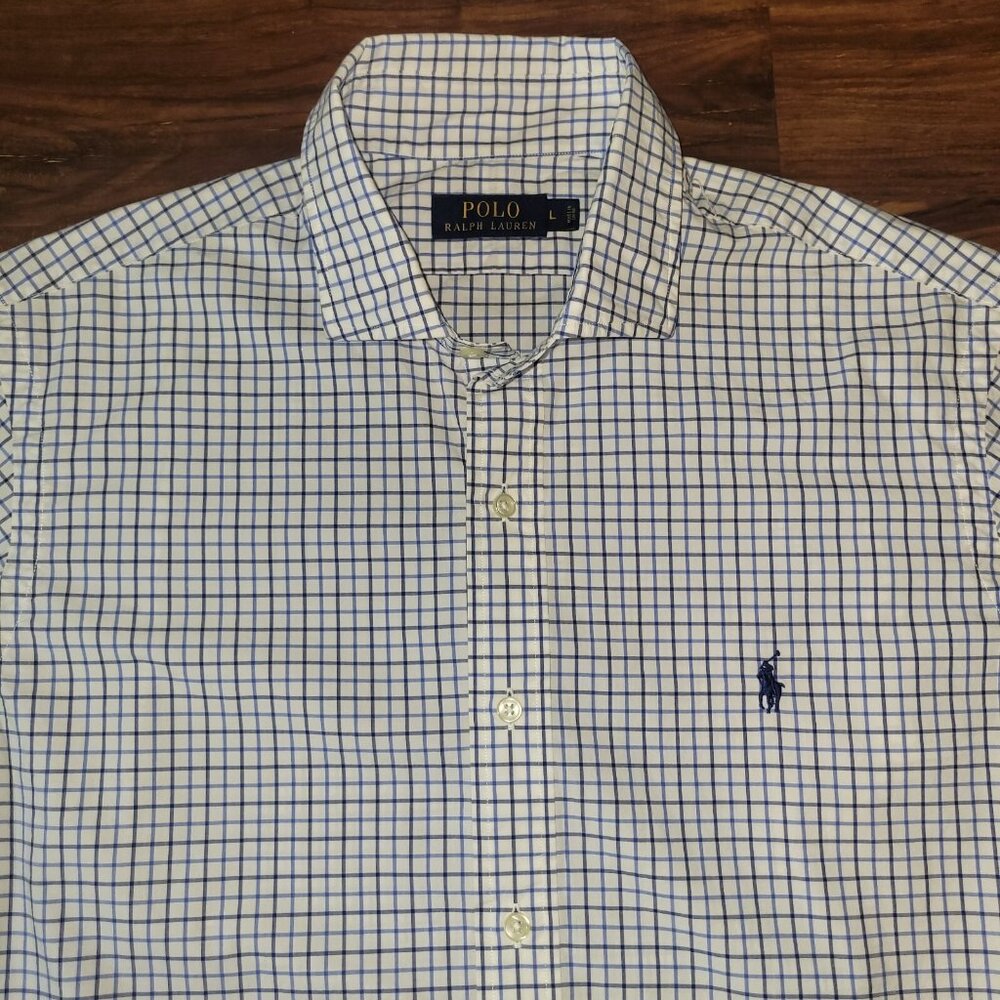 Polo Ralph Lauren Shirt Mens L White Checkered LS Button Up Dark Blue Pony
